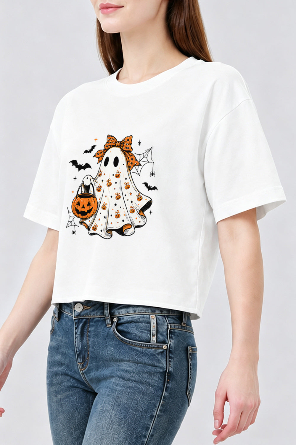 Cute bow ghost with pumpkin crop top
