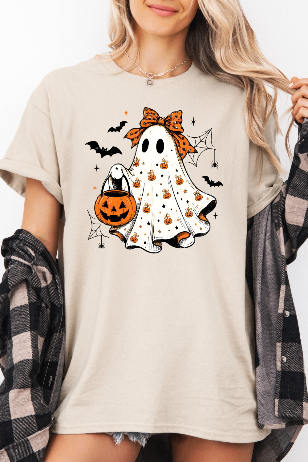 Cute bow ghost with pumpkin tee