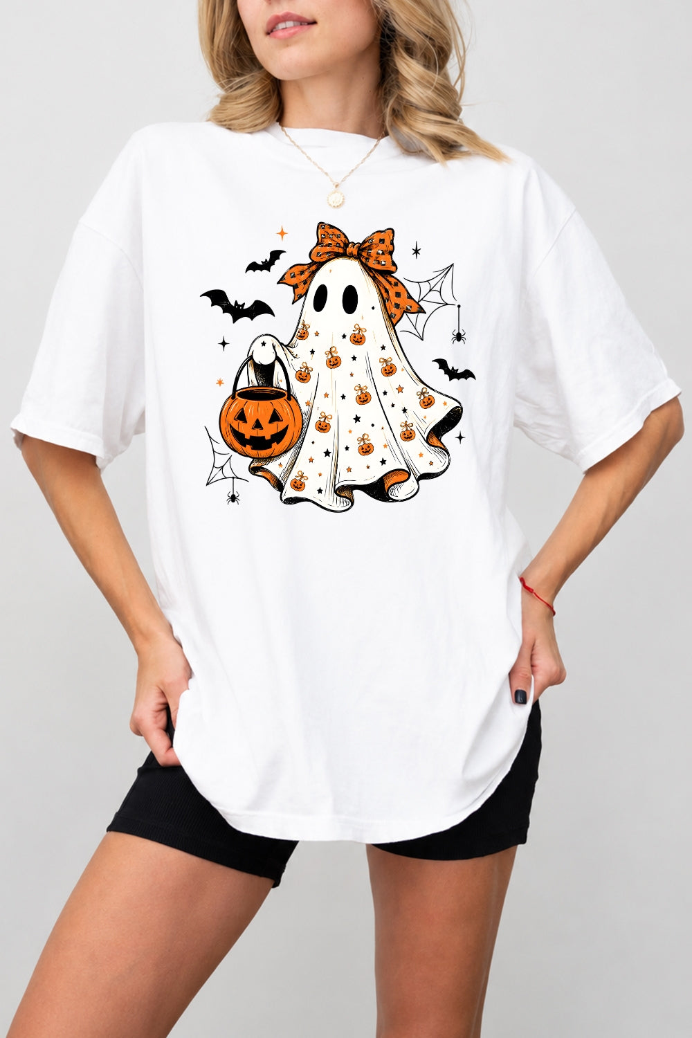 Cute bow ghost with pumpkin tee