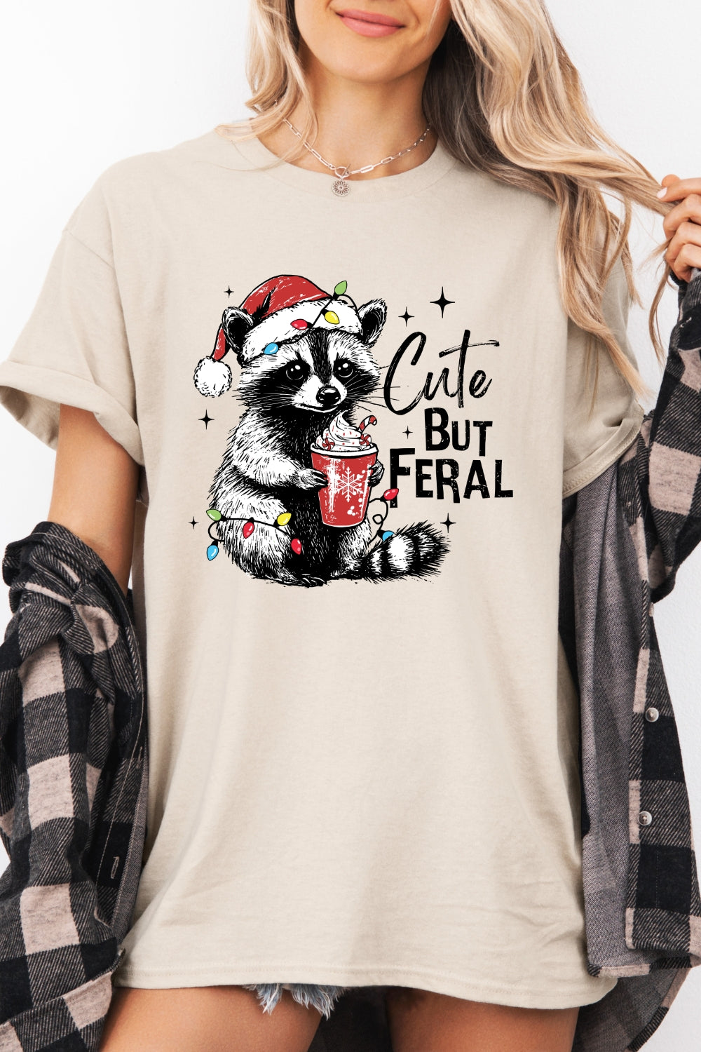 Cute but feral raccoon christmas tee