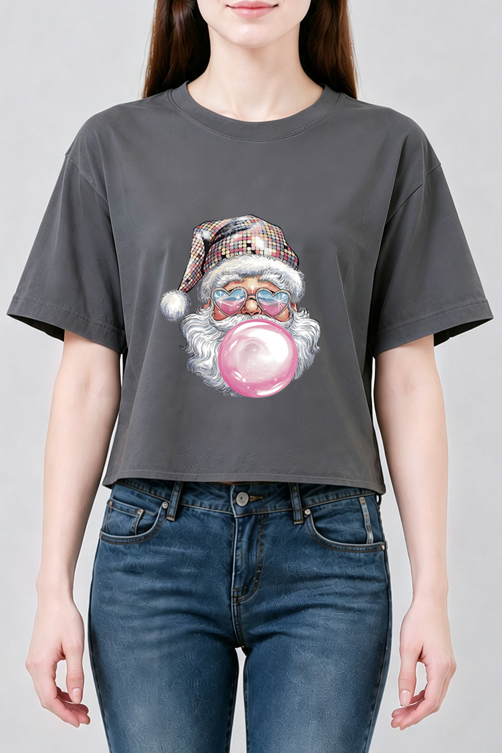 Disco santa blowing bubble crop top