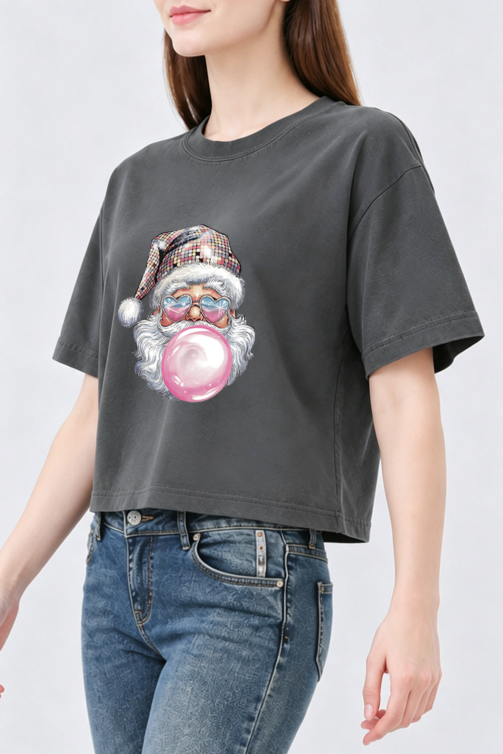 Disco santa blowing bubble crop top