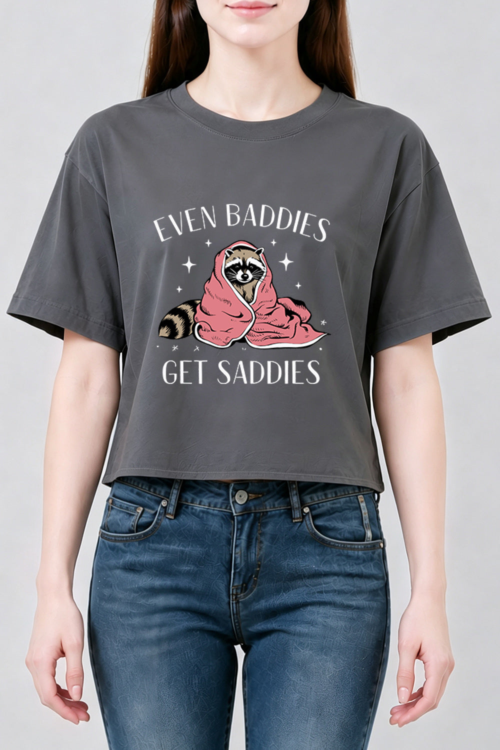 Even baddies get saddies raccoon crop top