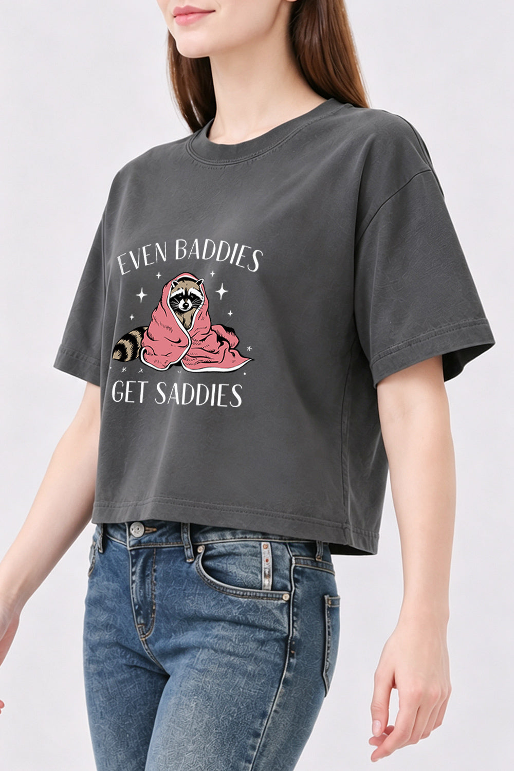 Even baddies get saddies raccoon crop top