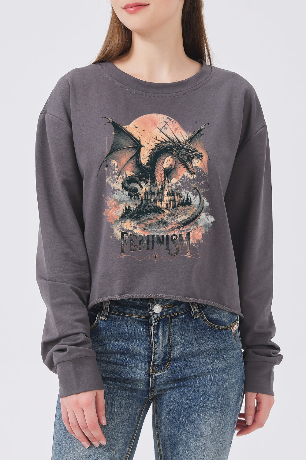 Feminism dragon fantasy crop sweatshirt