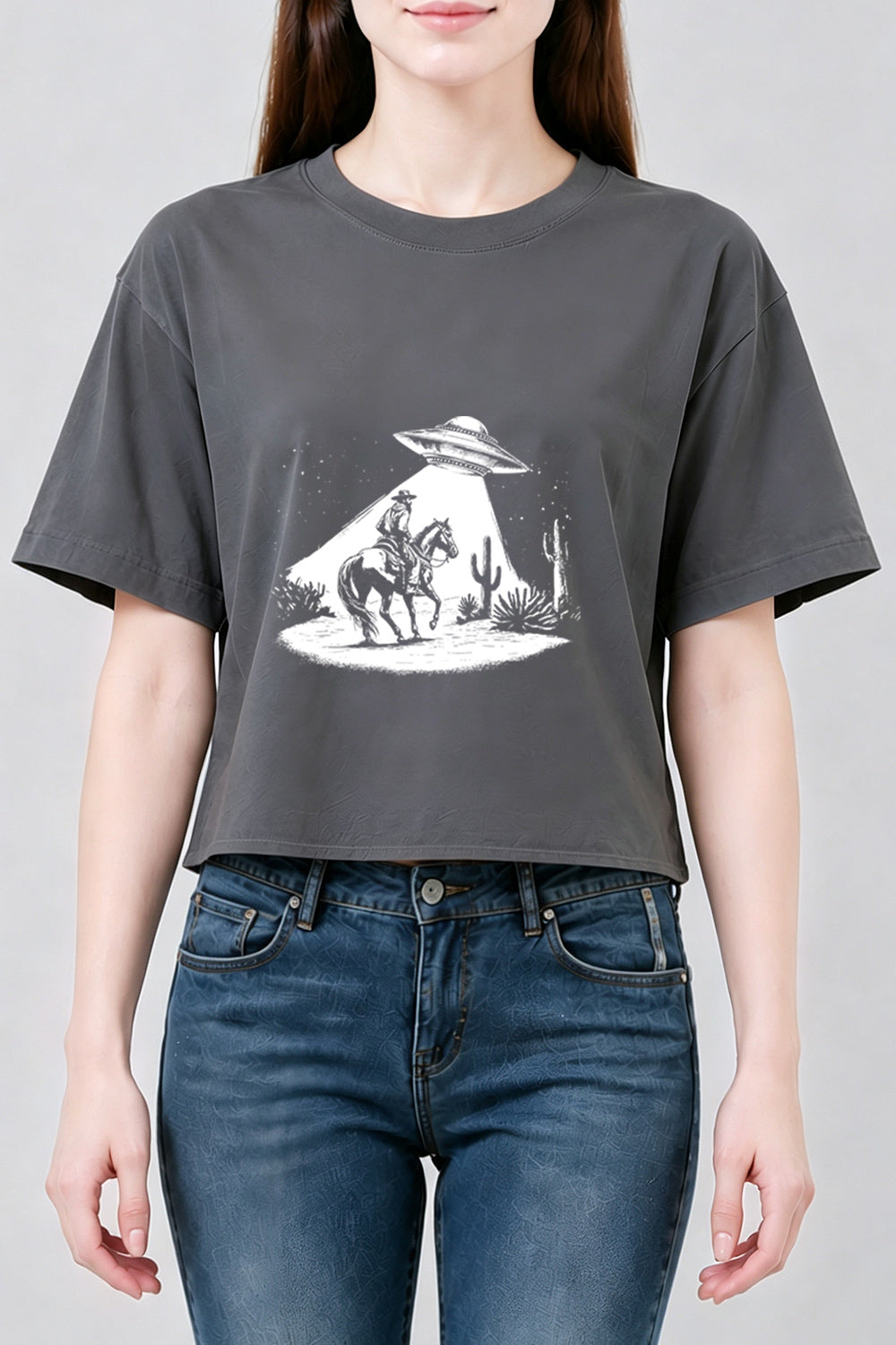 Funny cowboy ufo crop top