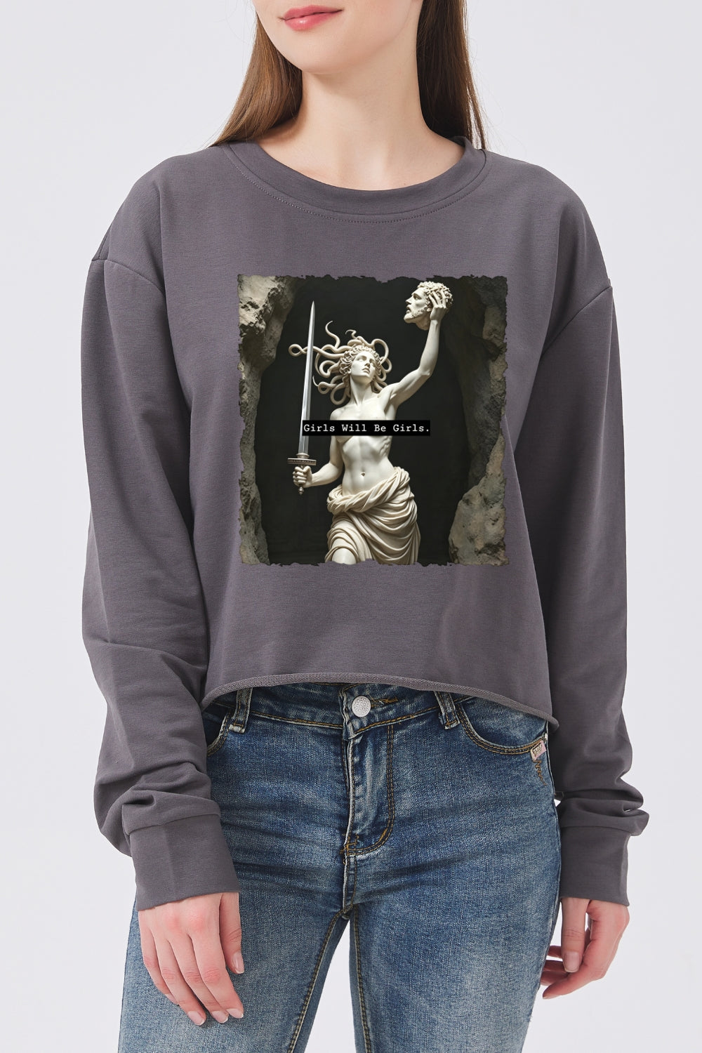 Girls will be girls medusa with sword crop sweatshirt