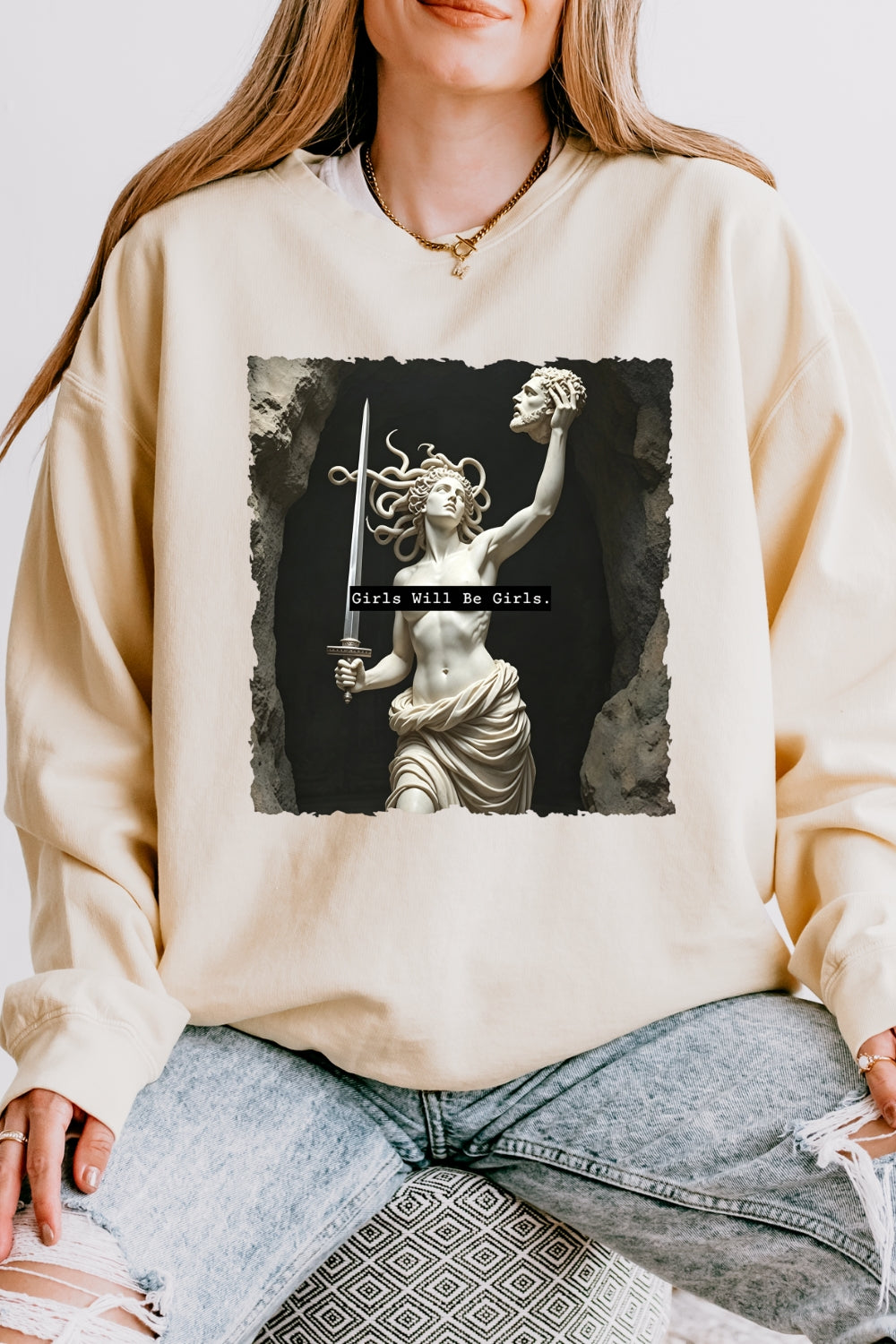 Girls will be girls medusa with sword sweatshirt