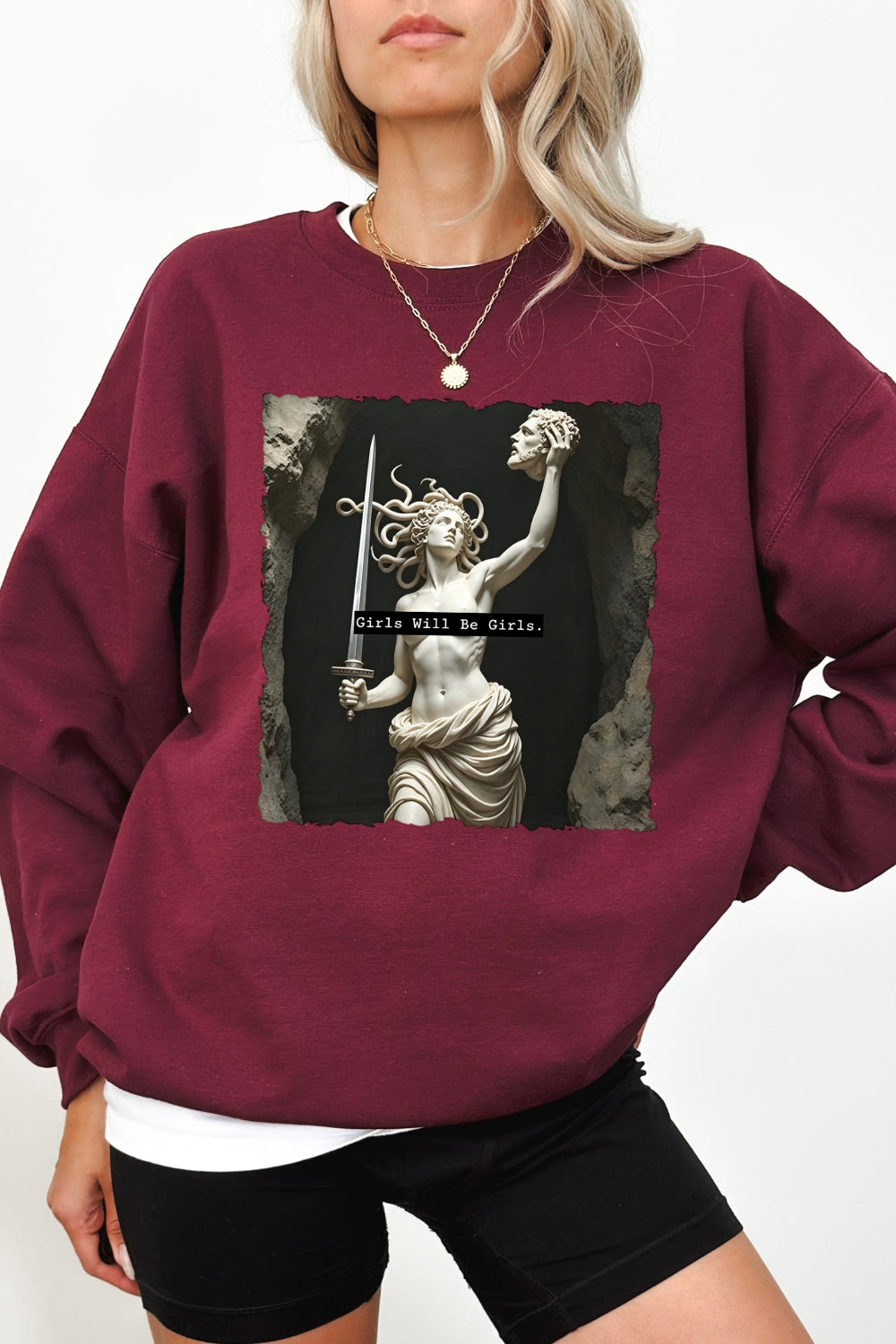 Girls will be girls medusa with sword sweatshirt