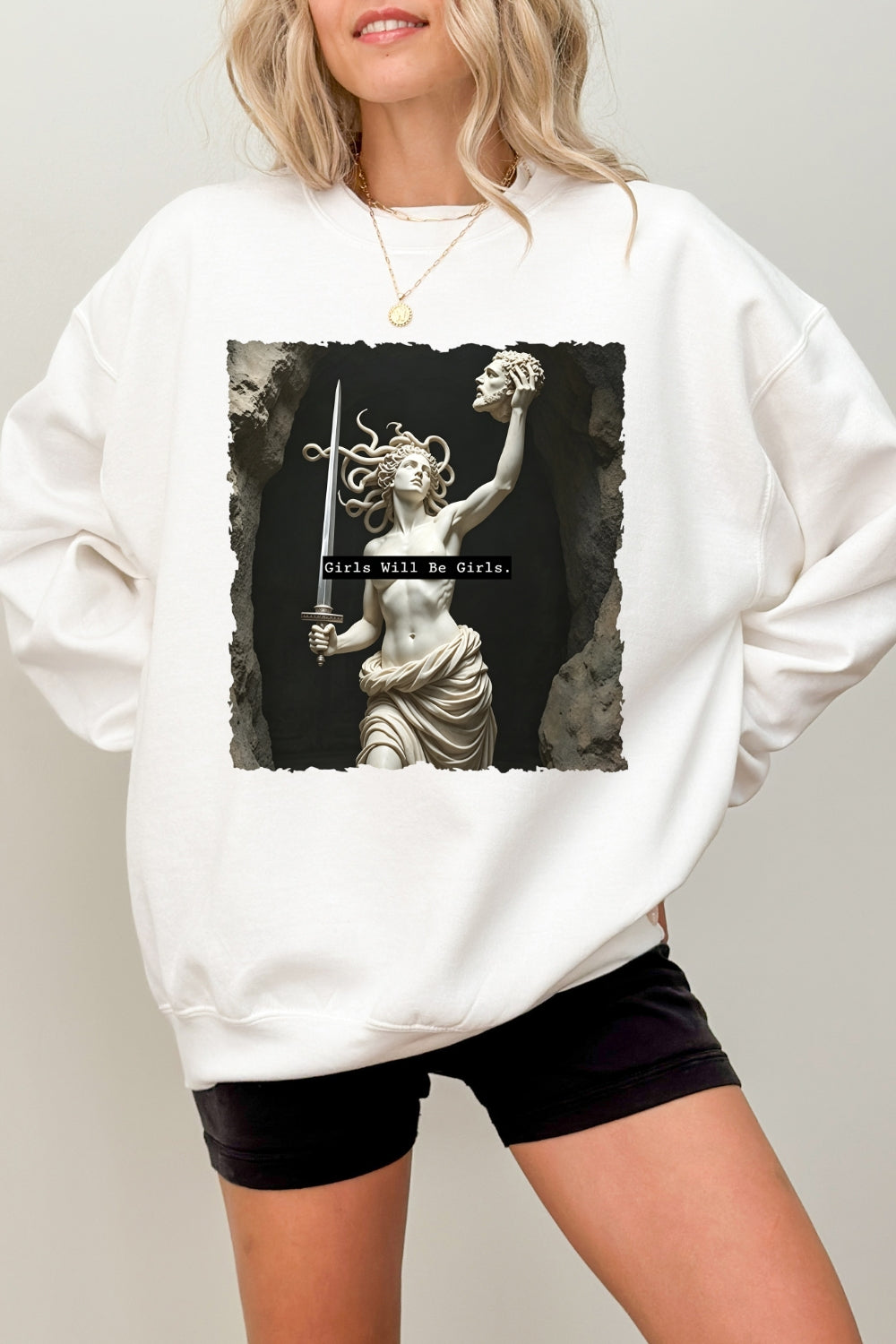 Girls will be girls medusa with sword sweatshirt