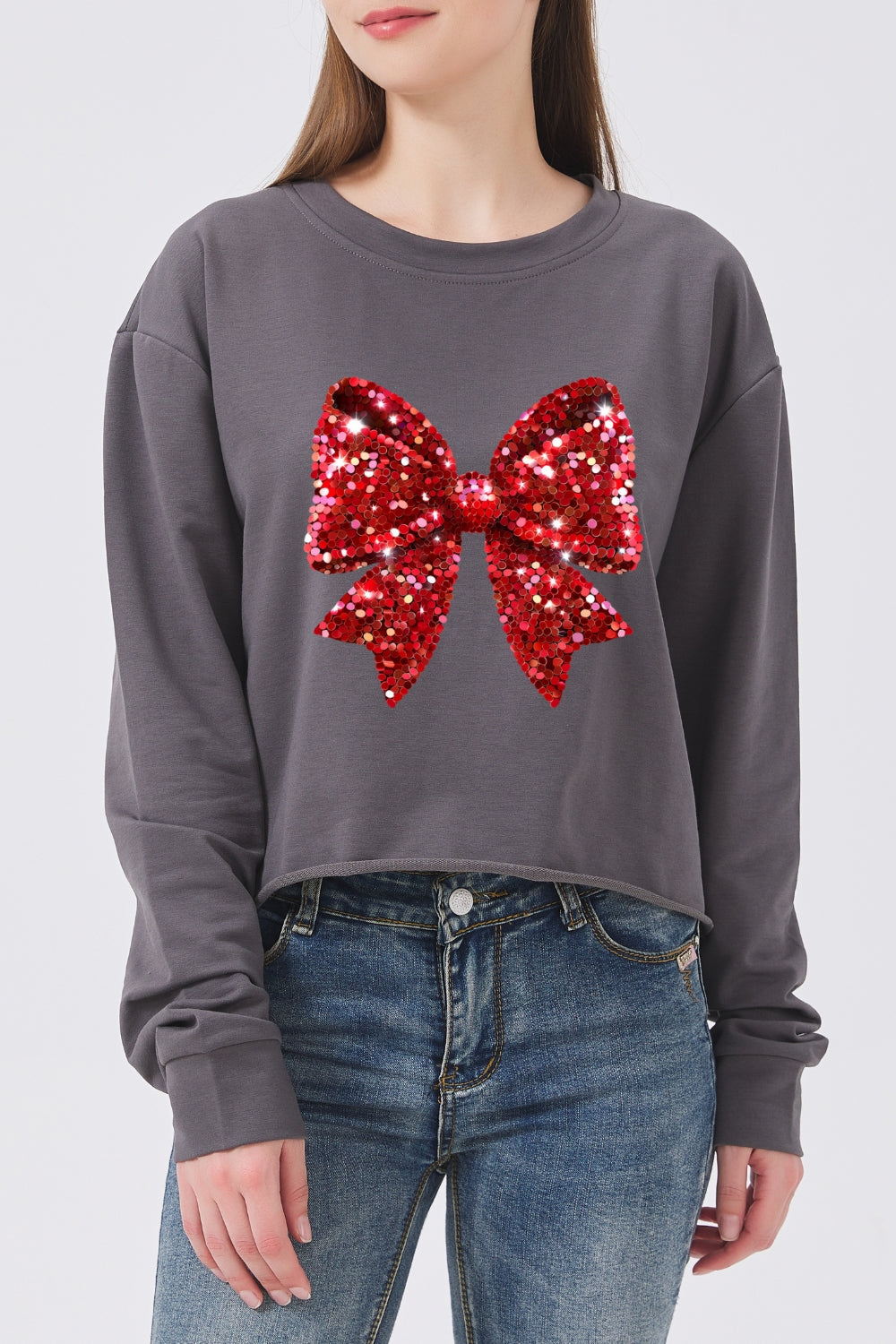 Glitter bow print christmas crop sweatshirt