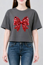 Glitter bow print christmas crop top