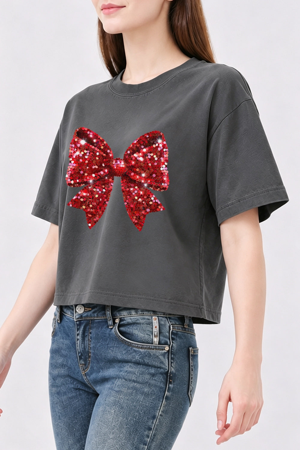 Glitter bow print christmas crop top