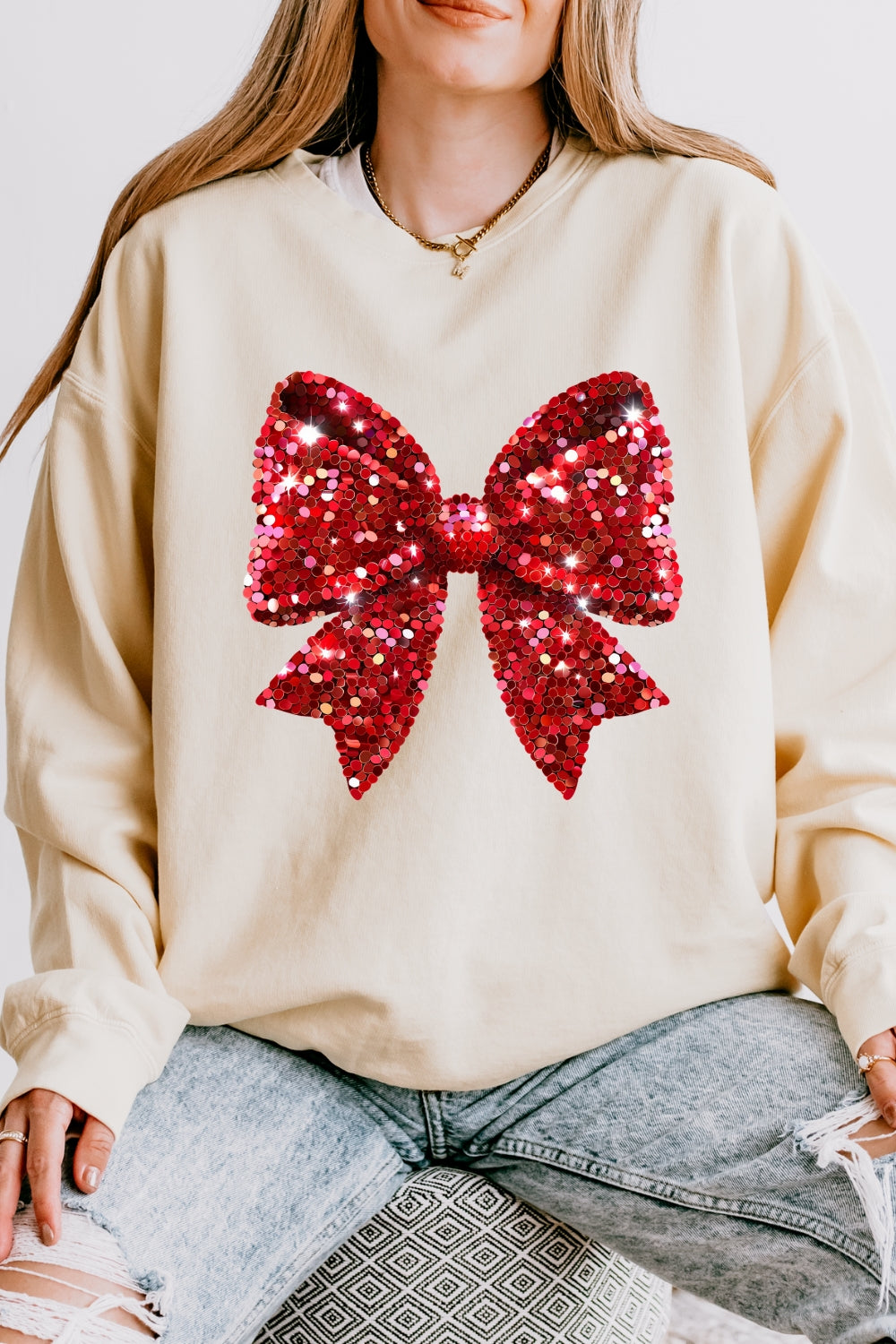 Glitter bow print christmas sweatshirt