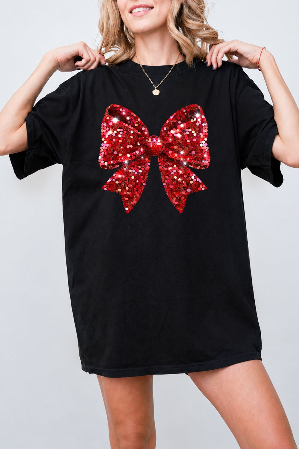 Glitter bow print christmas tee