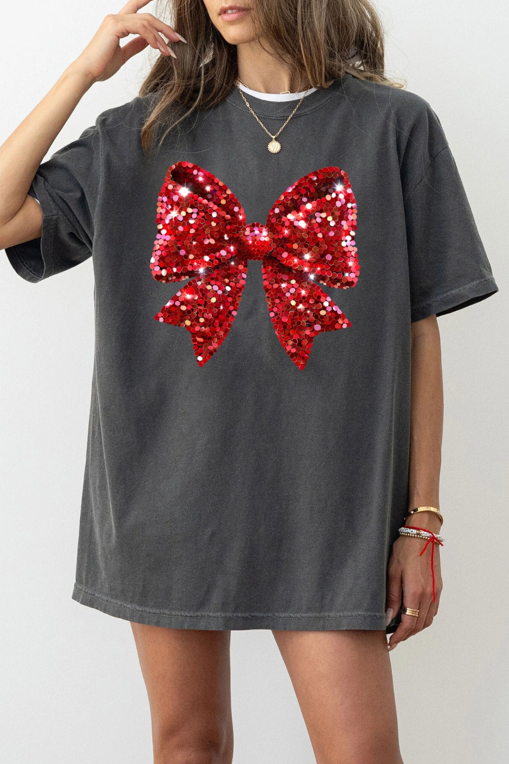 Glitter bow print christmas tee