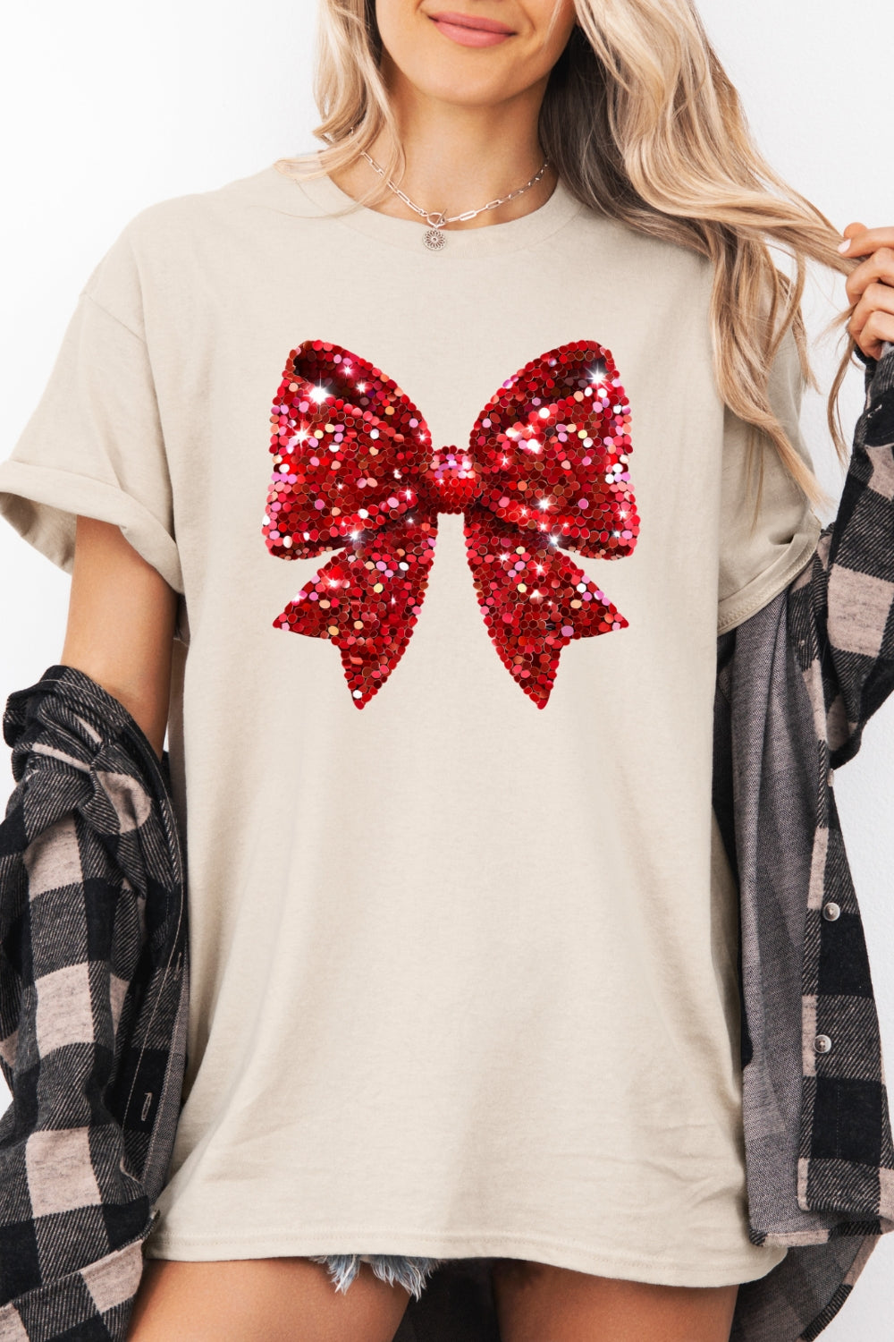 Glitter bow print christmas tee
