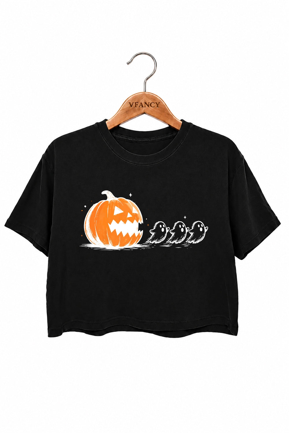 Halloween pumpkin chasing ghosts crop top