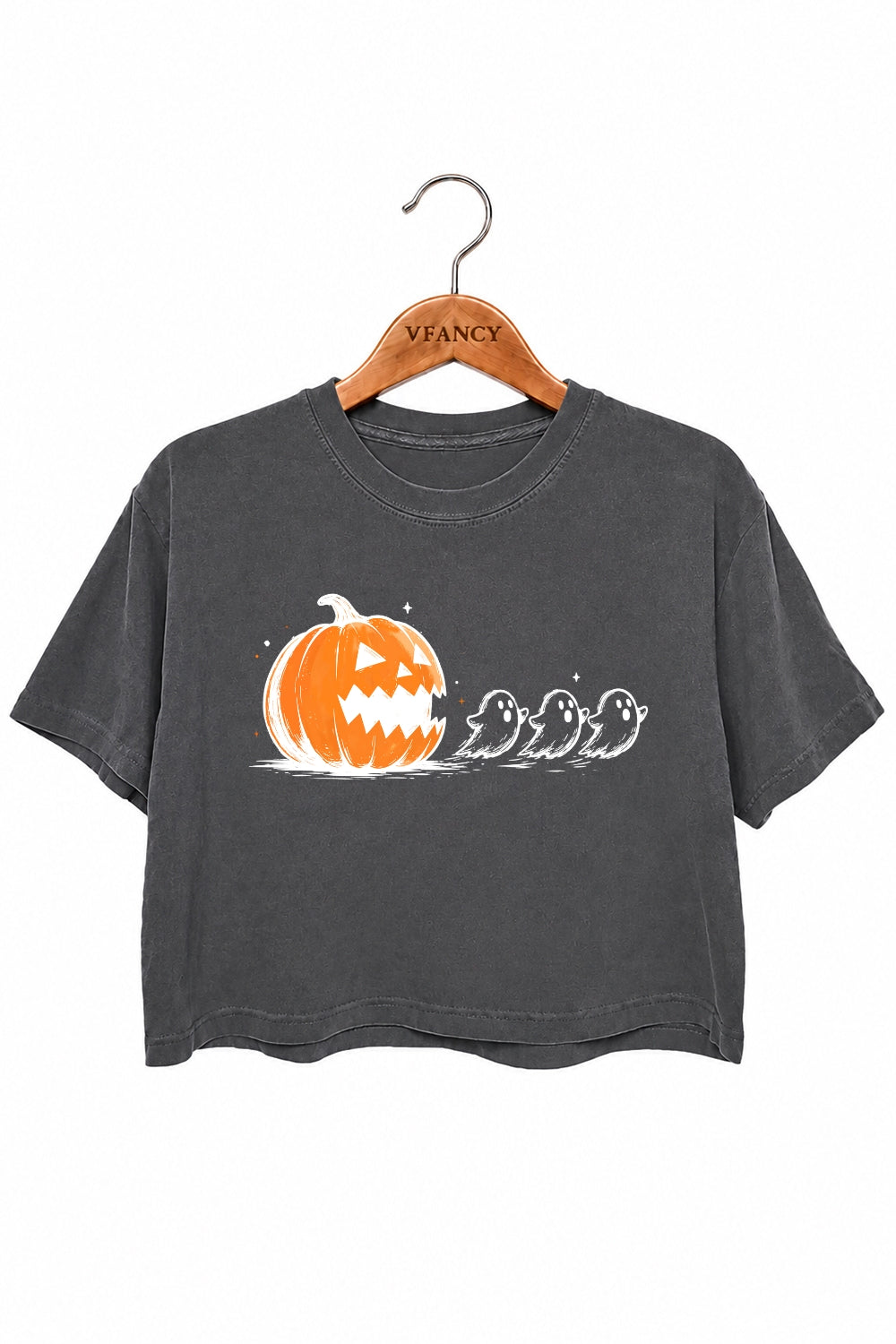 Halloween pumpkin chasing ghosts crop top