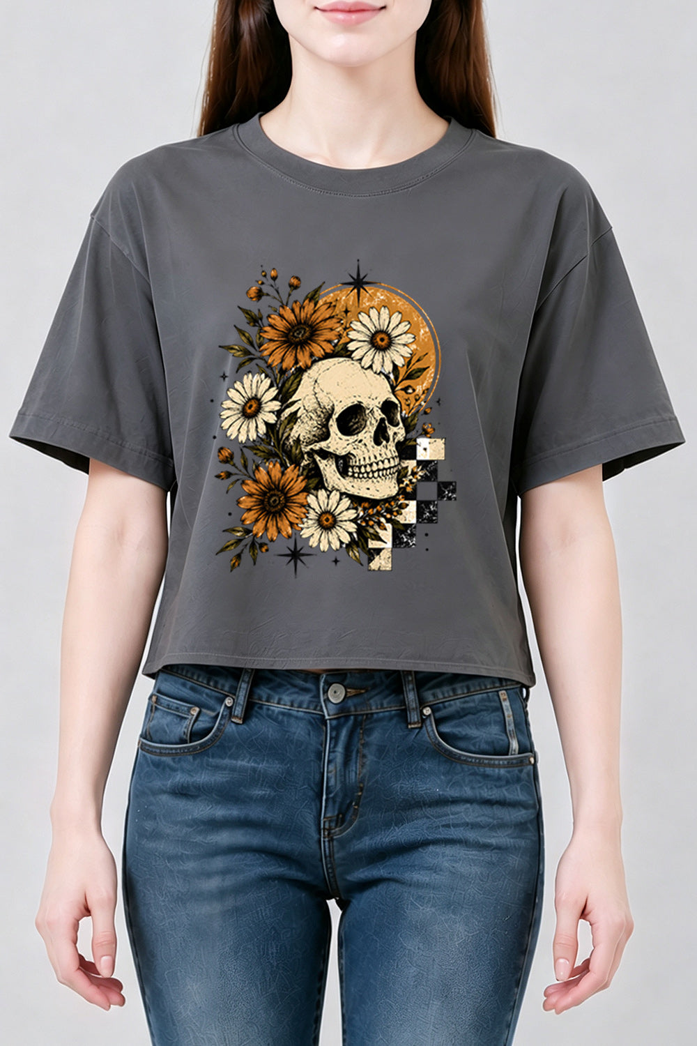 Halloween skull with blooming flowers crop top