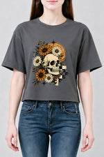 Halloween skull with blooming flowers crop top