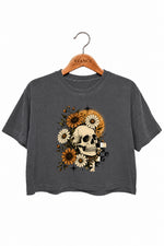 Halloween skull with blooming flowers crop top
