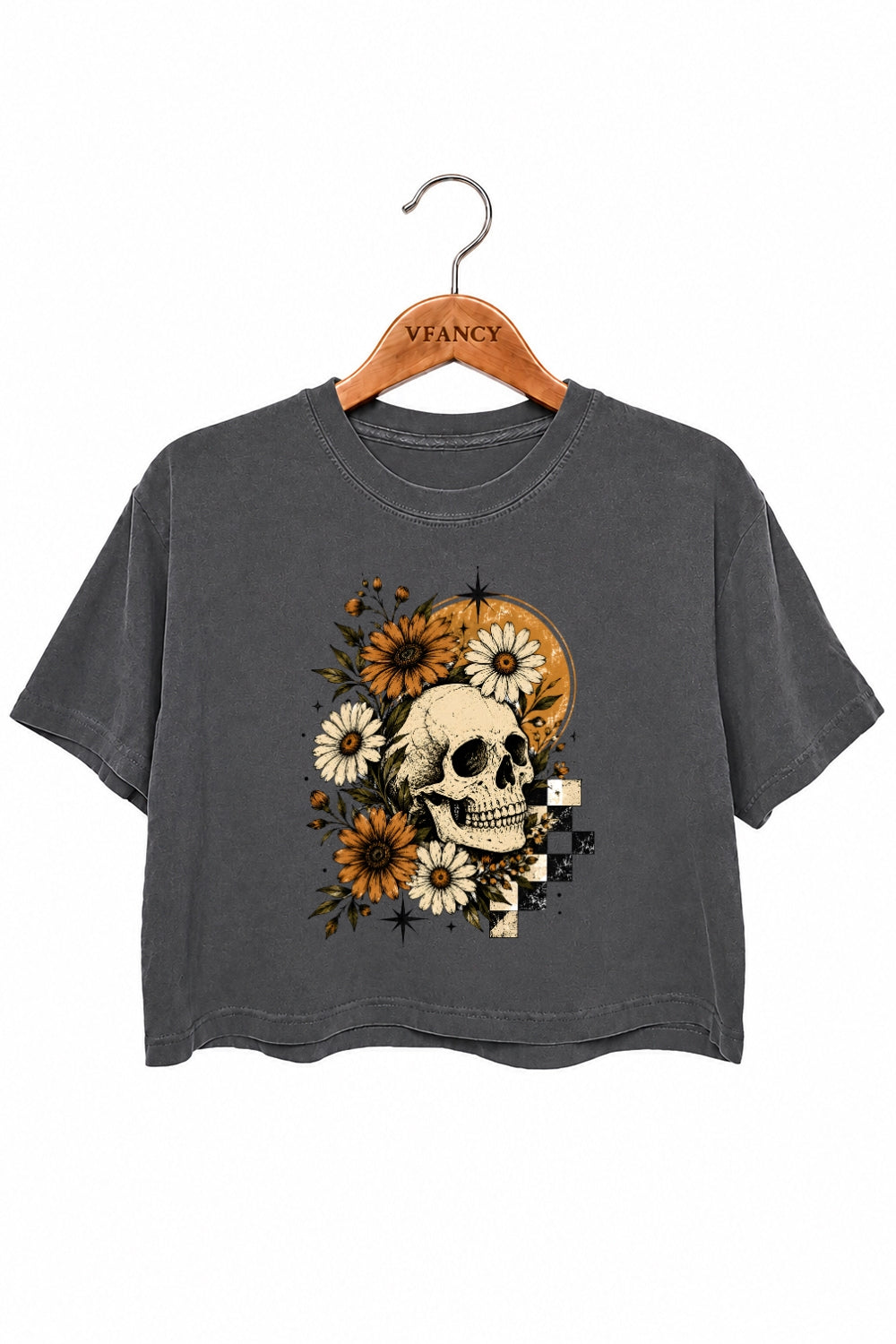 Halloween skull with blooming flowers crop top