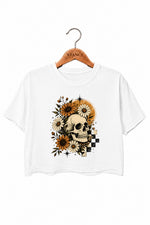 Halloween skull with blooming flowers crop top