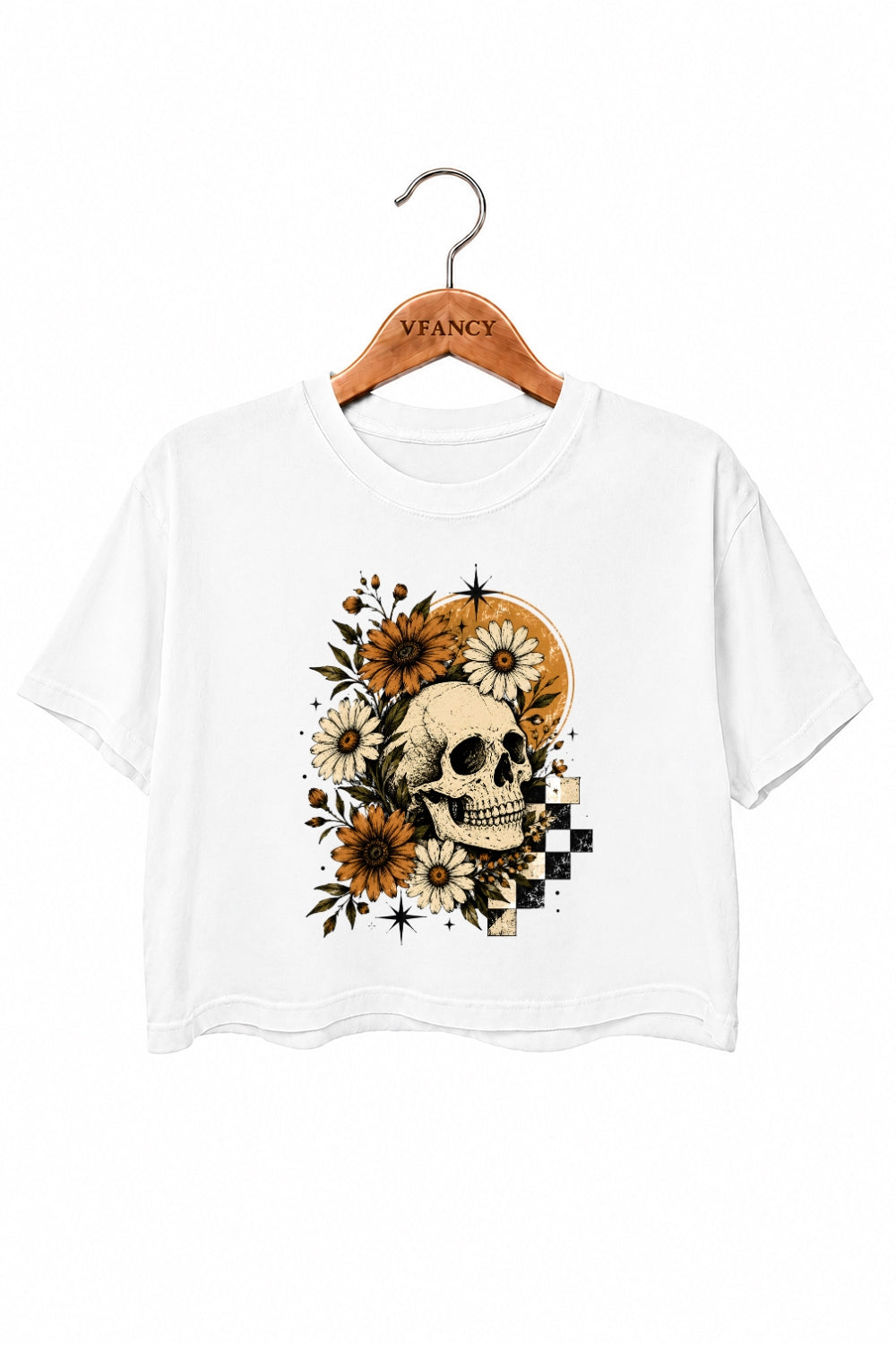 Halloween skull with blooming flowers crop top