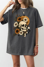 Halloween skull with blooming flowers tee