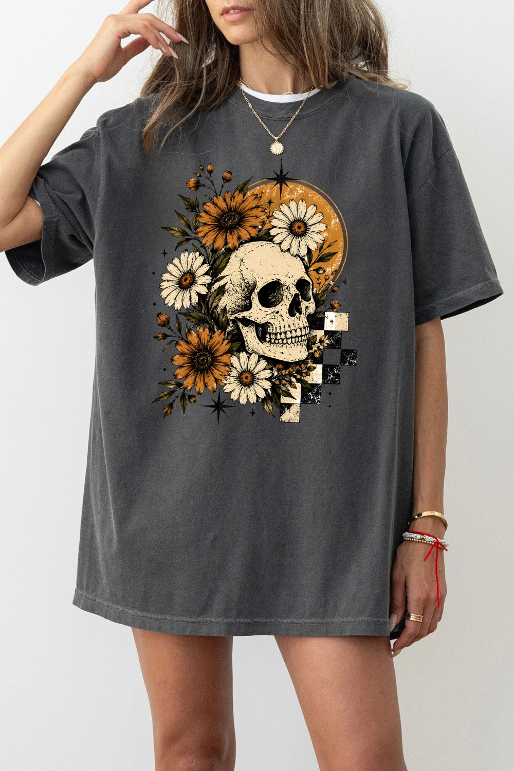 Halloween skull with blooming flowers tee