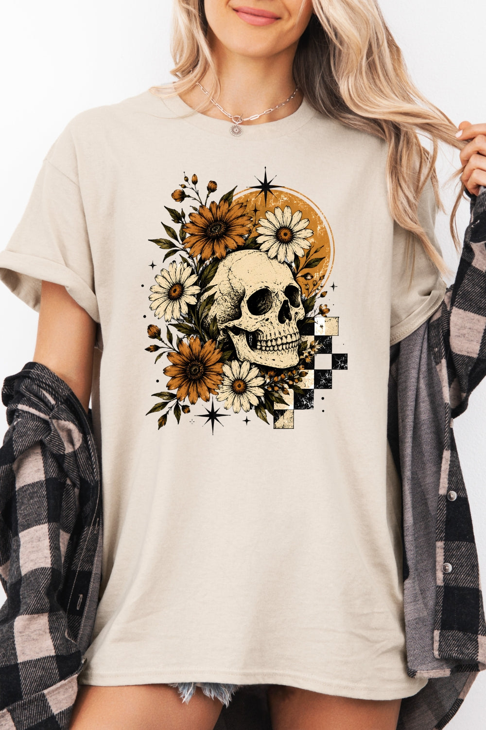 Halloween skull with blooming flowers tee