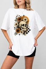 Halloween skull with blooming flowers tee