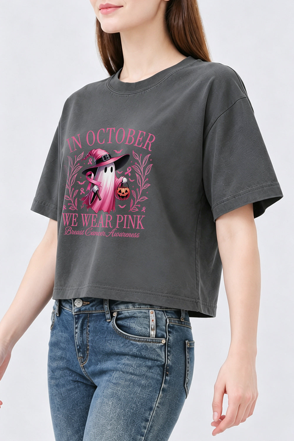 In October we wear pink halloween crop top