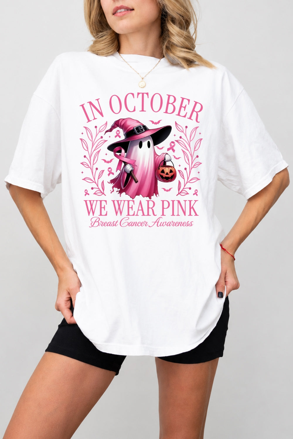 In October we wear pink halloween crop top
