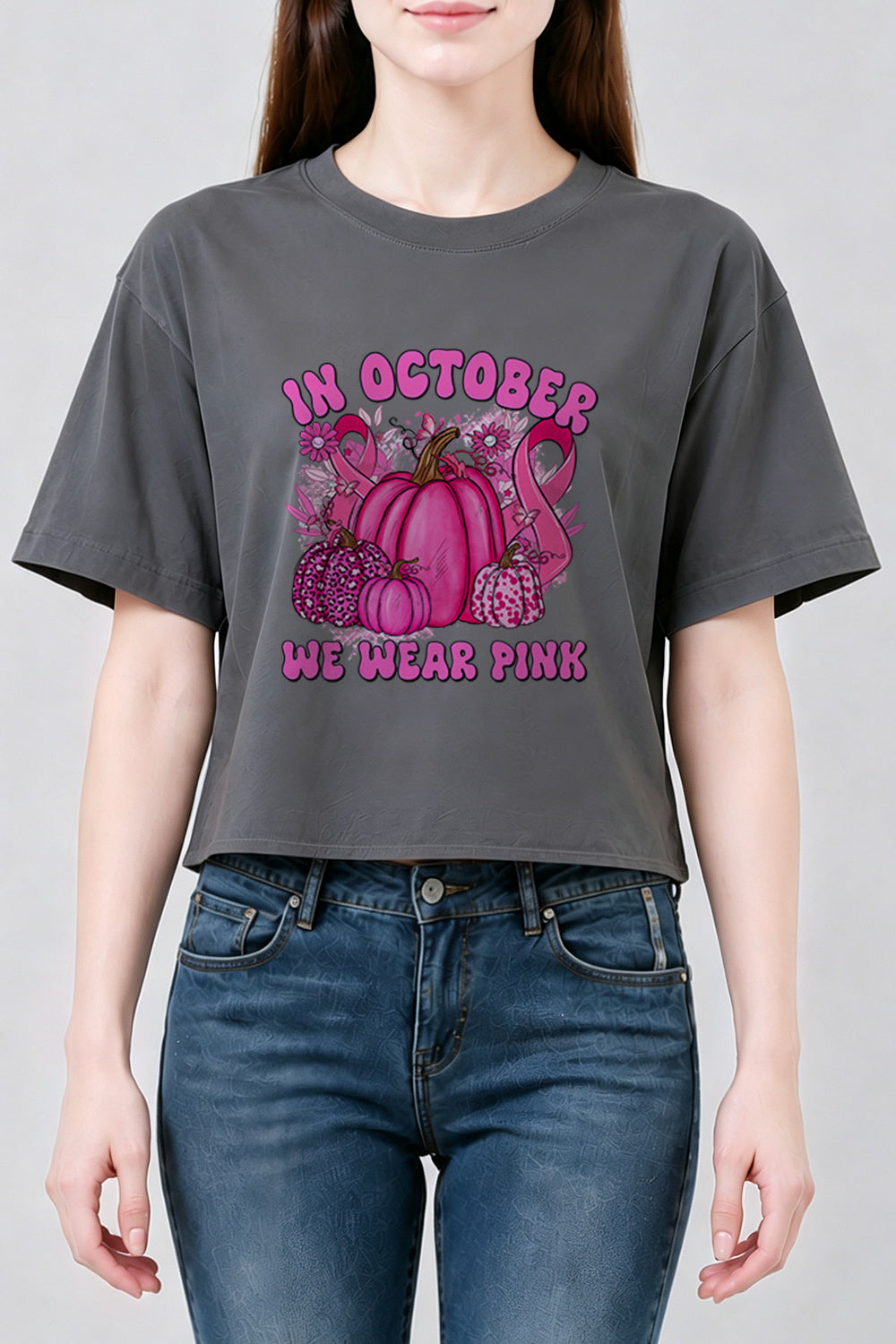 In October we wear pink pumpkin crop top