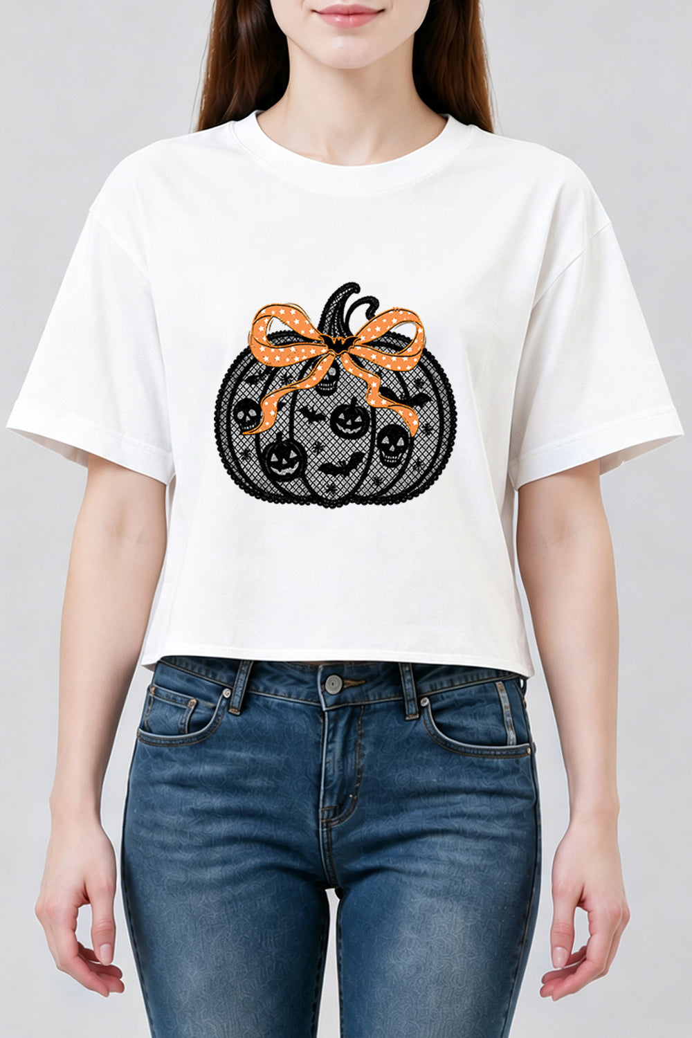 Lace patterned halloween pumpkin crop top
