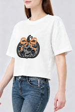 Lace patterned halloween pumpkin crop top