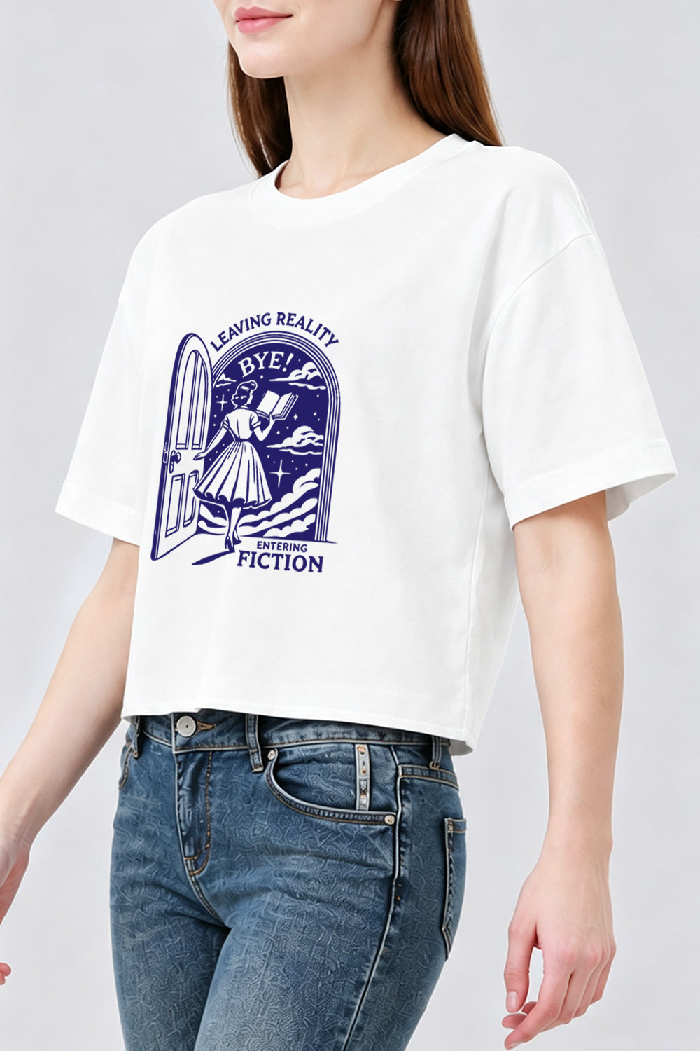 Leaving reality entering fiction reading crop top