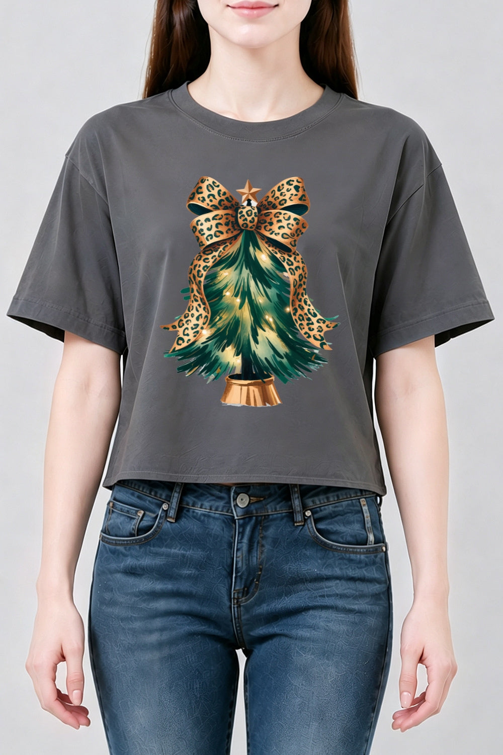 Leopard bow christmas tree crop top