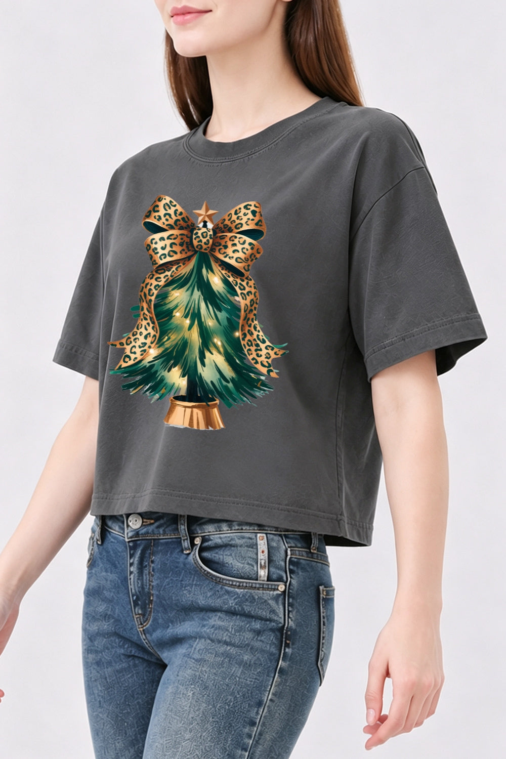 Leopard bow christmas tree crop top