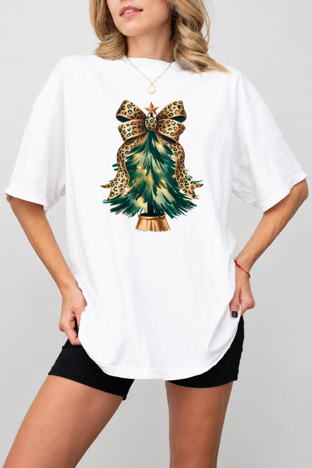 Leopard bow christmas tree tee