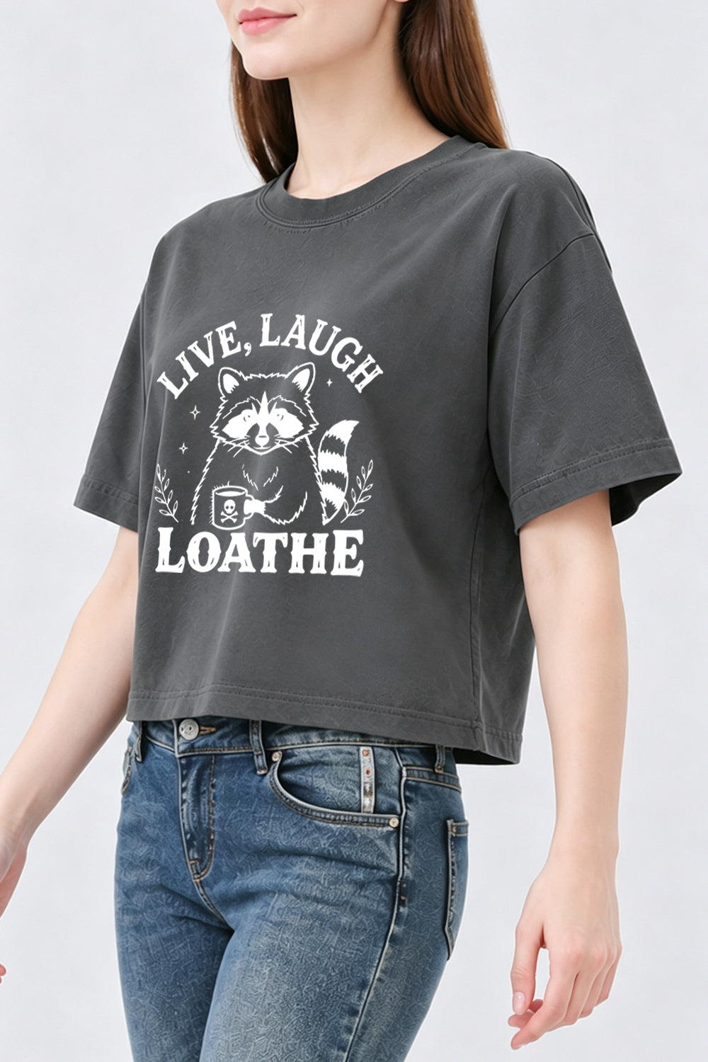 Live laugh loathe raccoon crop top