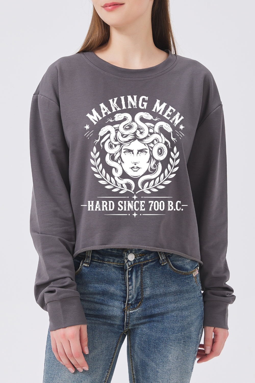 Making men hard since 700bc medusa crop sweatshirt