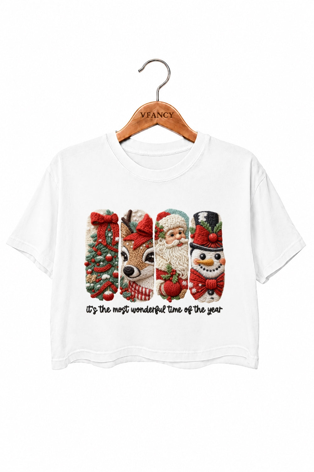 Merry christmas faux-knit print crop top
