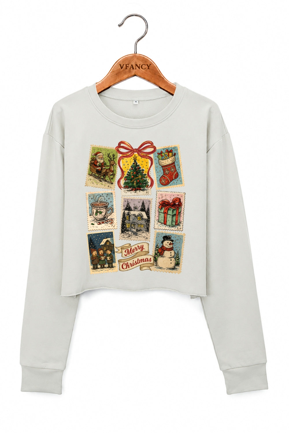 Merry christmas stamps crop sweatshirt