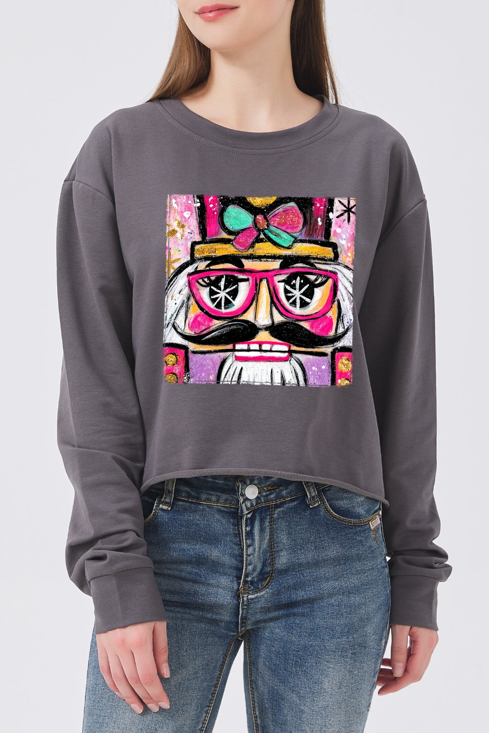 Oil painting style nutcracker christmas crop sweatshirt