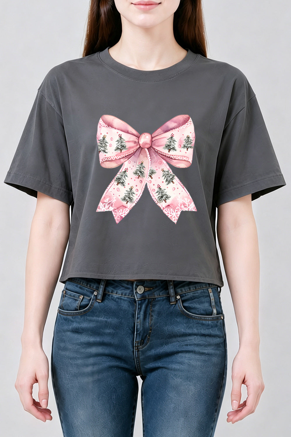 Pink christmas tree bow crop top