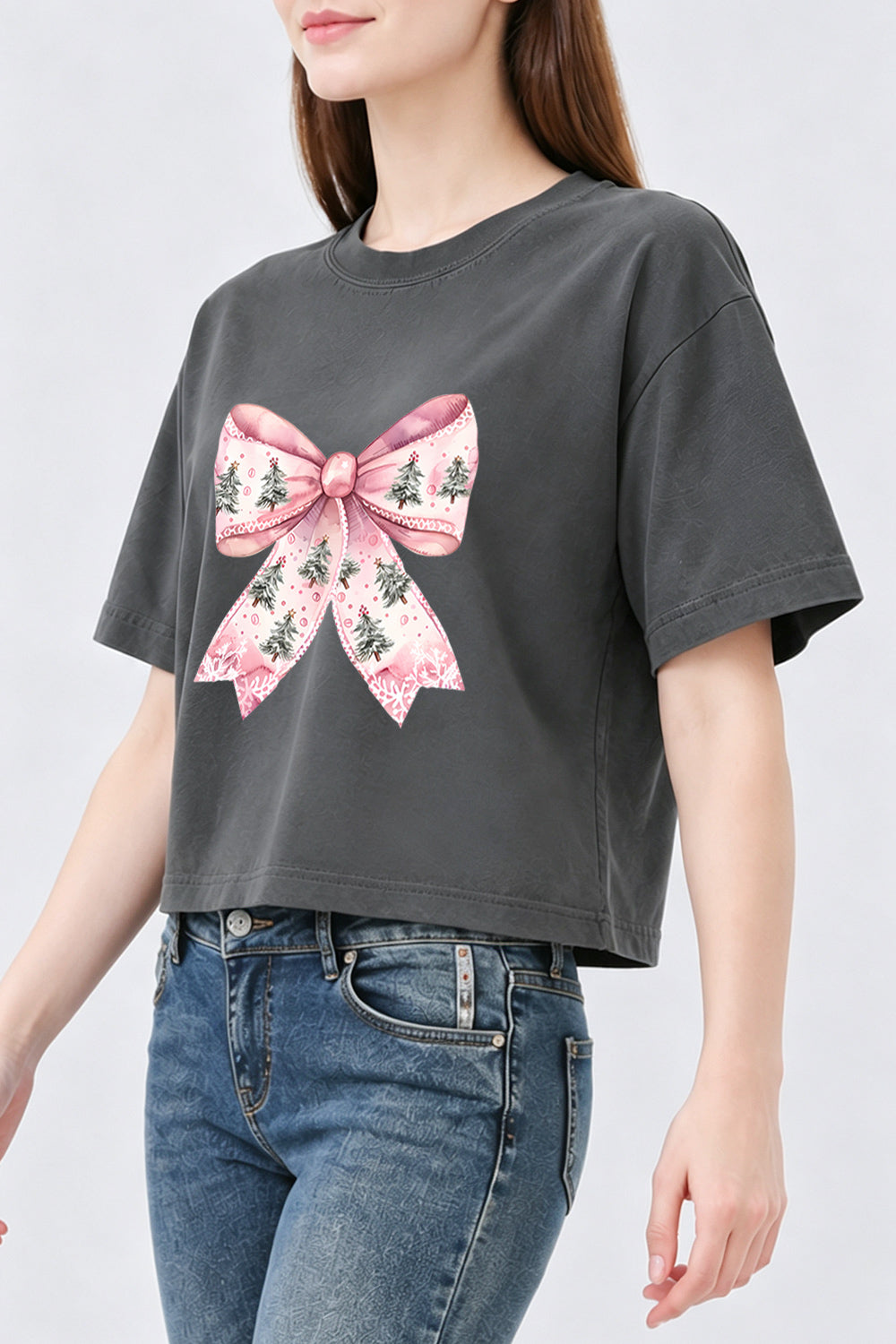 Pink christmas tree bow crop top