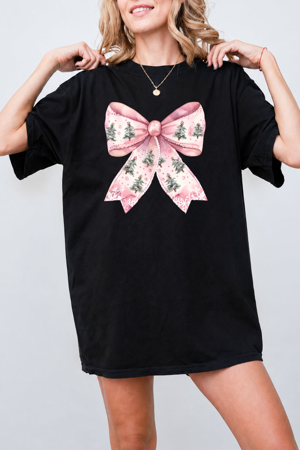 Pink christmas tree bow tee